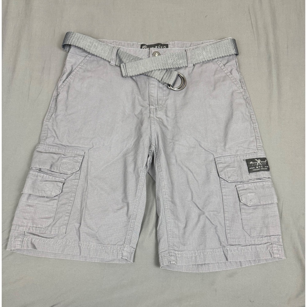 Marc Ecko Cut & Sew Mens Gray Ripstop Cargo Shorts Belted Utility ~32"